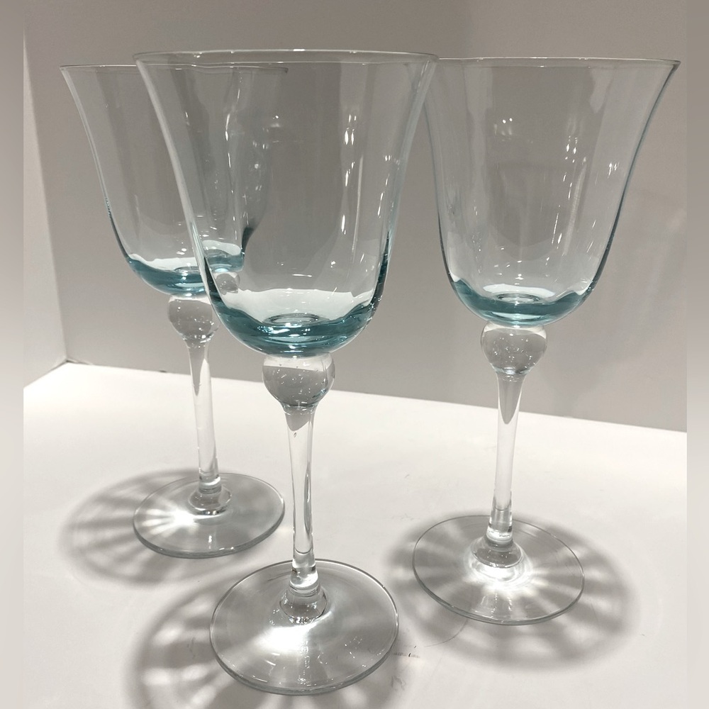 Vintage Optic Glass Wine Glasses Water Goblets Aqua Blue Set of 3 Clear Stems